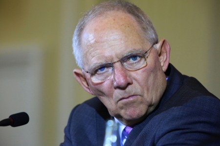 Wolfgang Schaeuble, Germany's finance minister, looks on during a news conference with Yanis Varoufakis, Greece's finance minister, at the Chancellery in Berlin, Germany, on Thursday, Feb. 5, 2015. The meeting comes hours after Greece lost a critical funding artery when the European Central Bank restricted loans to its financial system. Photographer: Krisztian Bocsi/Bloomberg *** Local Caption *** Wolfgang Schaeuble